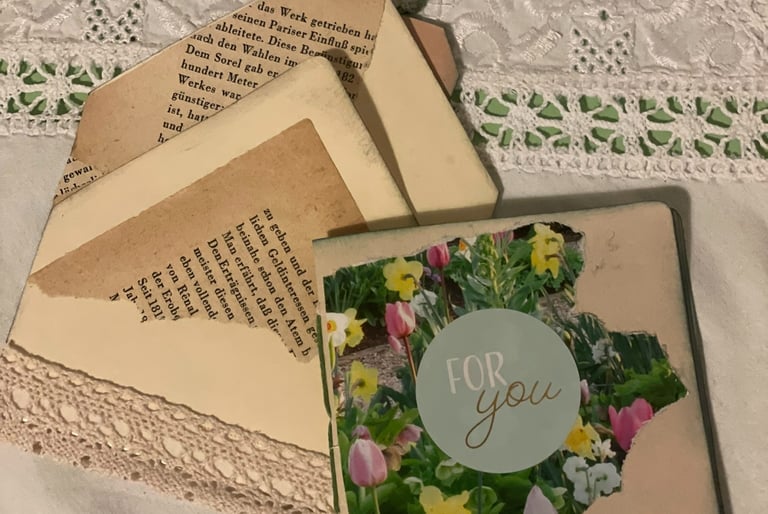 Handmade gift card with floral design and vintage book page fragments on a white lace doily.