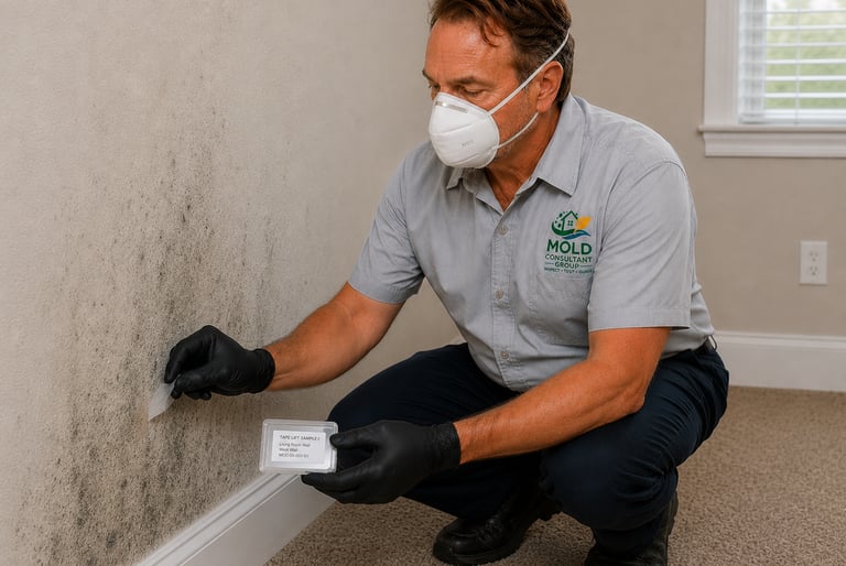 Professional mold inspector wearing an N95 mask taking a tape lift sample from a black mold-infested wall.