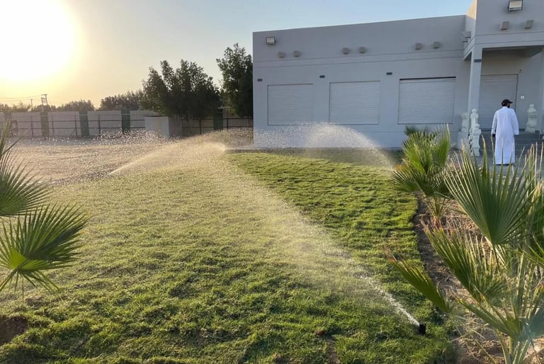 زراعة الثيل الطبيعي مع تركيب شبكات ري أتوماتيكية في حديقة منزلية بالكويت