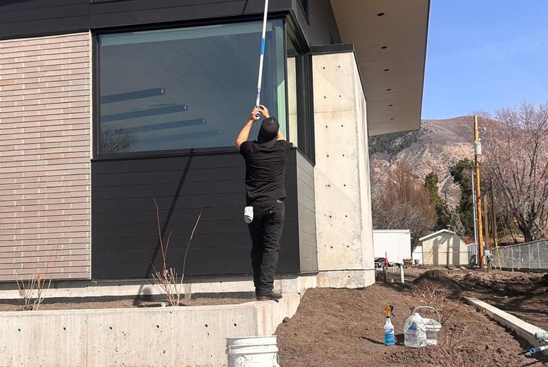 Professional window cleaner using a long extension pole to wash exterior glass on a modern home.