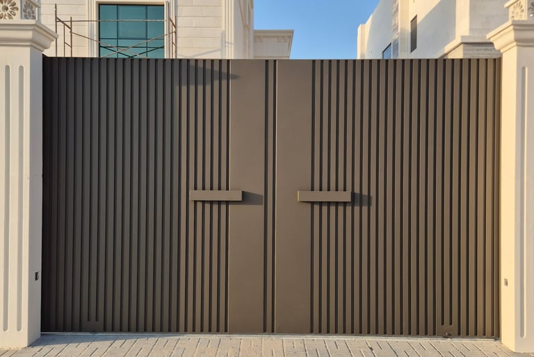 Custom cast aluminum gate fabrication and installation for luxury villa in Dubai.