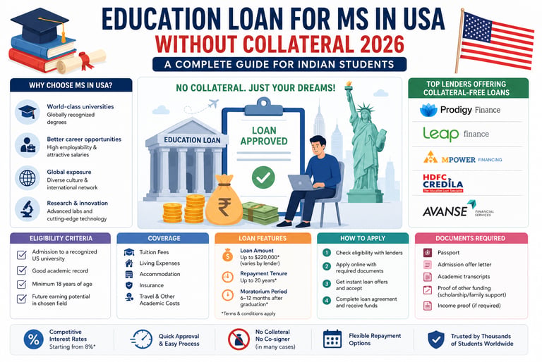 Infographic showing education loan for MS in USA without collateral 2026.