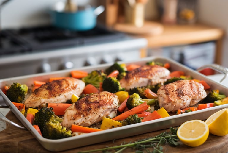 sheet pan chicken and vegetables using 4 chicken breasts and broccoli, carrots, bell peppers