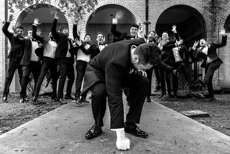 fun groomsmen photo at church in Austin by katy rox photographer
