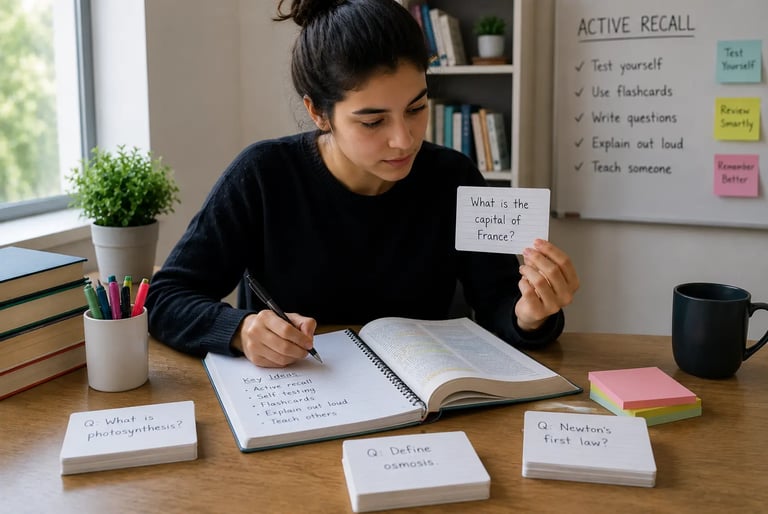 Student practicing active recall with flashcards and study notes