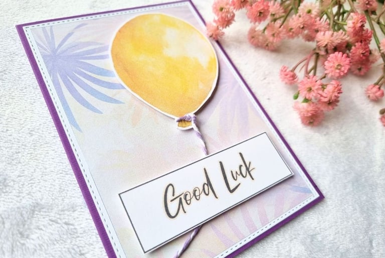 Handmade greeting card with yellow ballon and 'Good Luck' sentiment