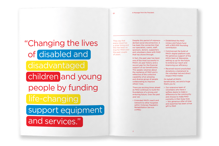 MAD Foundation Annual Report, typesetting by Michelle Pirovich, Squeezebox