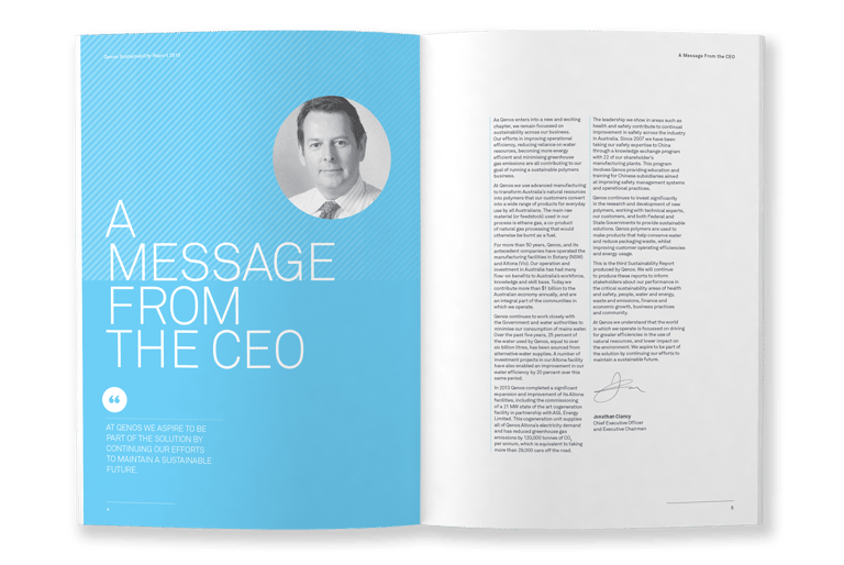 Qenos sustainability report, typesetting by Michelle Pirovich, Squeezebox