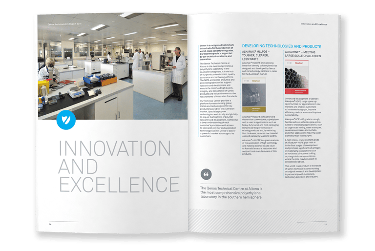 Qenos sustainability report, typesetting by Michelle Pirovich, Squeezebox