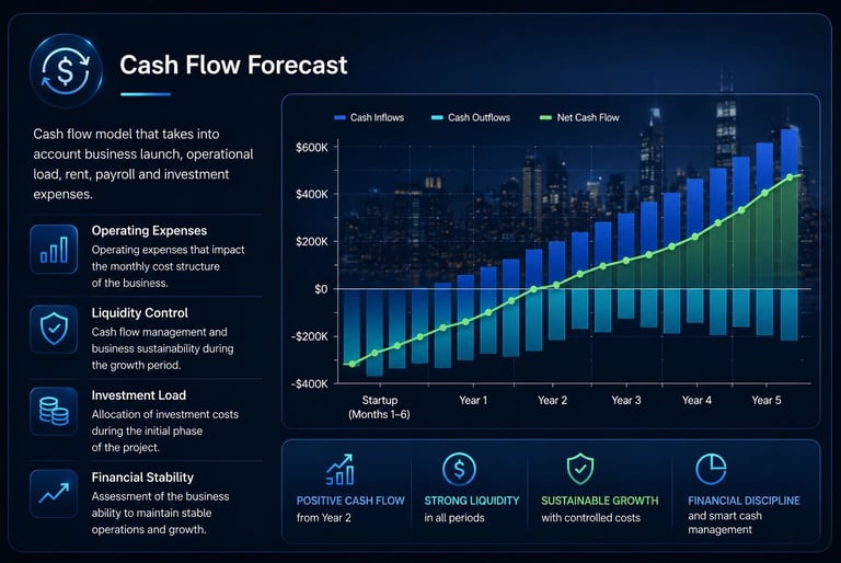 Cash Flow Forecast for E-2 Visa Business Plan — cash flow model, operating expenses, rent, payroll, 