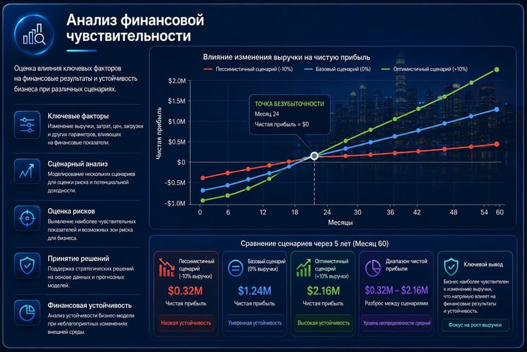 Financial Sensitivity Проверка влияния изменений revenue, costs и market conditions на устойчивость 