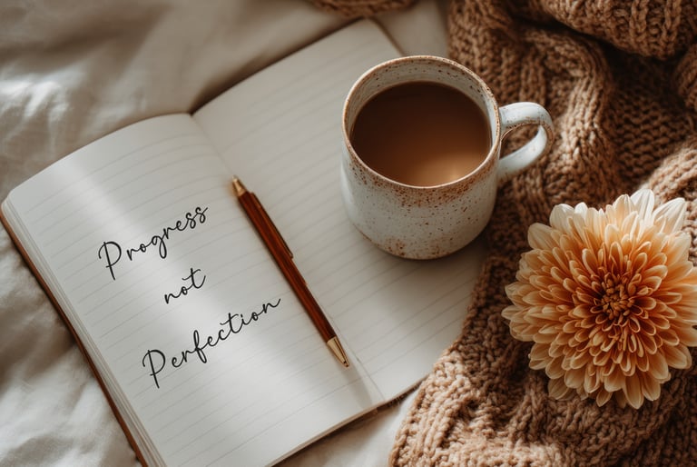 Open journal with phrase "progress not perfection" on page, coffee mug sitting on opposite page