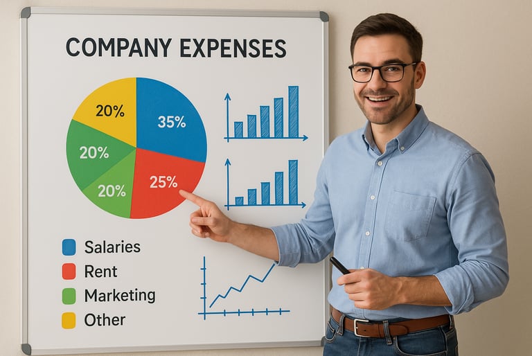 a man in a blue shirt is pointing at a chart of graphs on a white