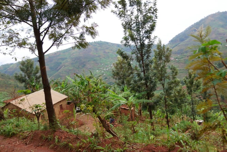 a house with a mountain view of a house in the background Rural Rwanda