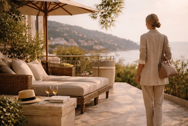 Elegant woman on luxury terrace overlooking coastal landscape.
