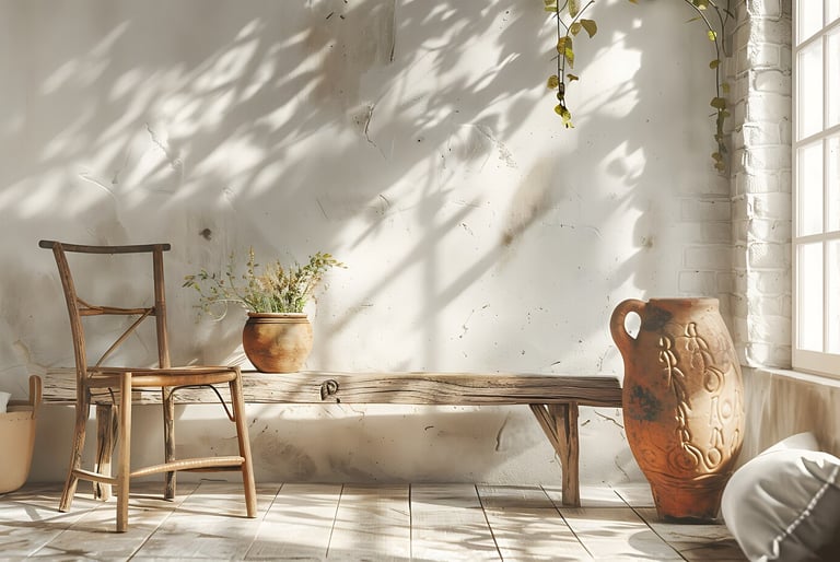 aménagement intérieur d'une pièce de vie composée d'un banc en bois exposée à la lumière naturelle