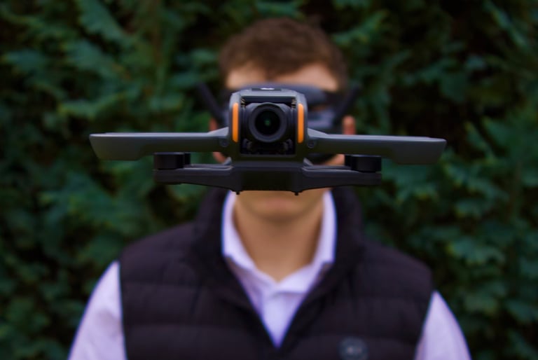 DJI Avata 2 FPV Drónról profi fotó, ahogy stabilan repül a levegőben