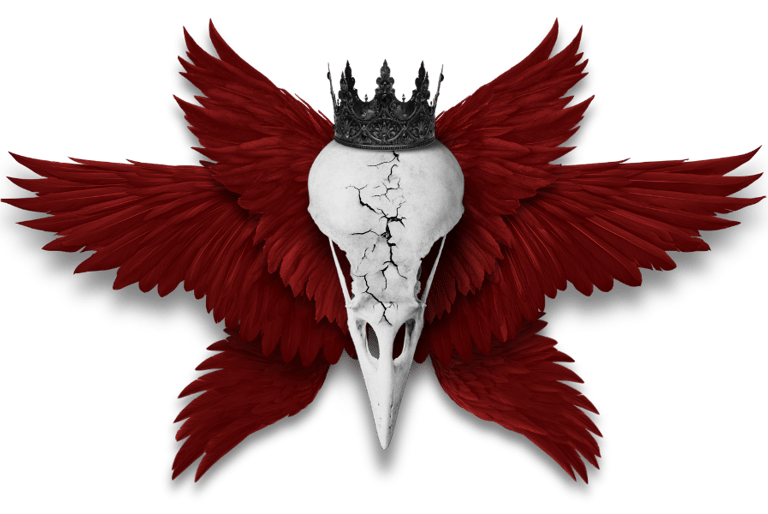 A bleached bird skull with three pairs of crimson wings wearing a black crown.
