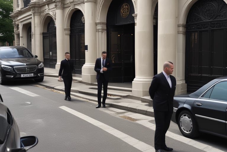 a man in a suit and sunglasses standing next to a car