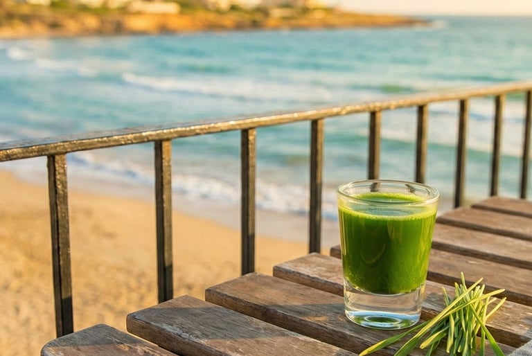 Tuore orgaaninen vehnänoras kuvassa puupöydällä aurinkoisen Välimeren rannan tuntumassa.