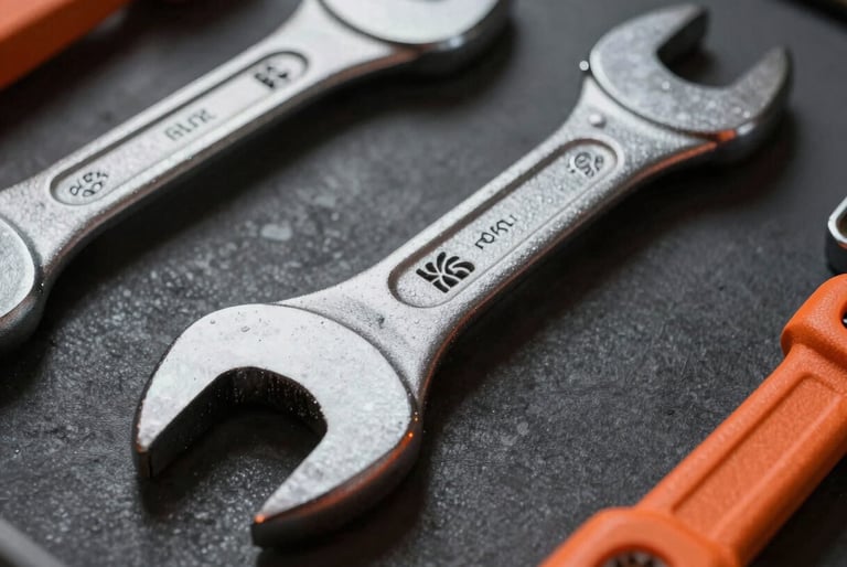 Close-up of high-quality steel wrench and heavy-duty industrial tools with safety-orange accents, metallic textures, dramatic lighting, 50mm lens