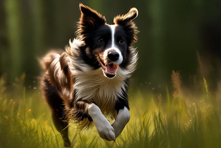 Yeşil çimde neşeyle koşan sağlıklı ve enerjik bir köpek, aktif bir yaşamın tadını çıkarıyor.