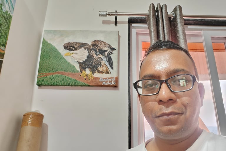 selfie with bald eagle painting