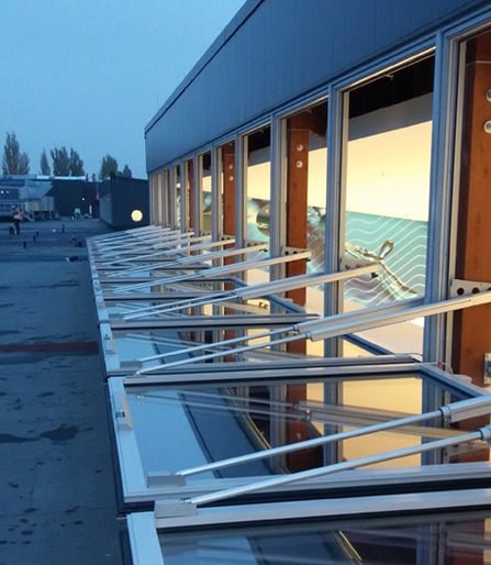 a row of windows with a view of a beach