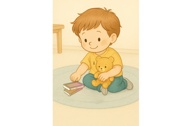 Bambino seduto con un peluche e un libro, in un momento di calma e tranquillità sul tappeto.