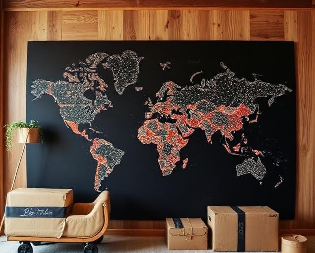 Large black world map wall art in a modern wood-paneled room with cardboard shipping boxes.