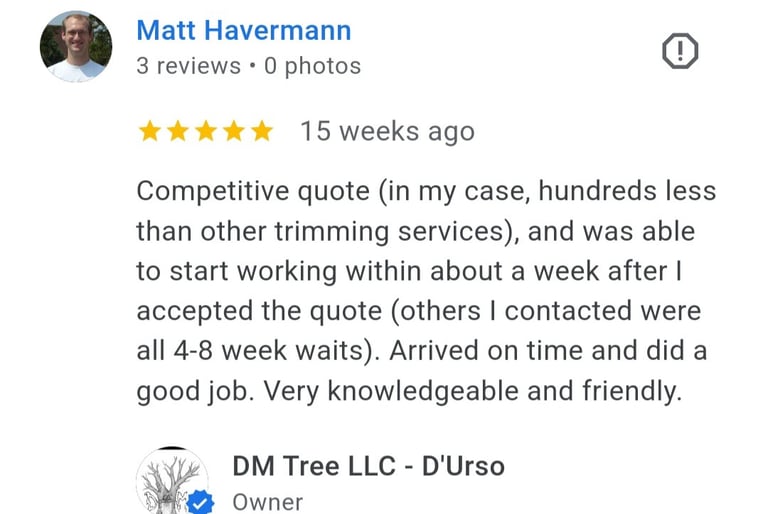 review from dm tree customer in Olathe Kansas. affordable