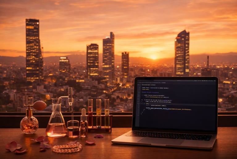 Belle apothecary laboratory workspace in Mexico City with python code developing the Belle App