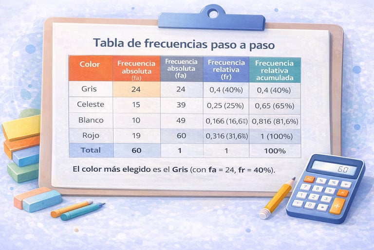 Ejemplo de tabla de frecuencias con colores de uniforme, mostrando frecuencia absoluta, relativa y acumulada