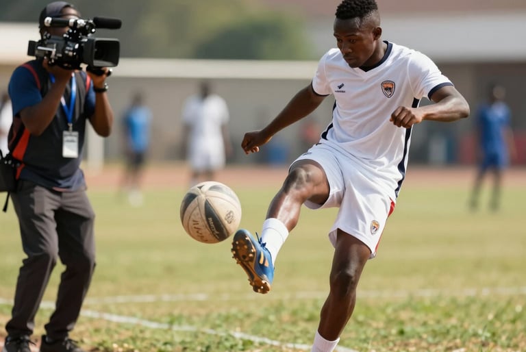 An action photo of a football tournament on a sunny day. A player is mid-kick while a cameraman on the sideline follows the ball. African / Pan-African setting.