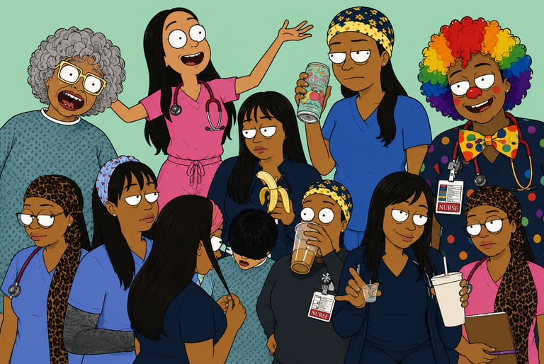 Creative character development process turning nursing stories and healthcare humor into original illustrated content.