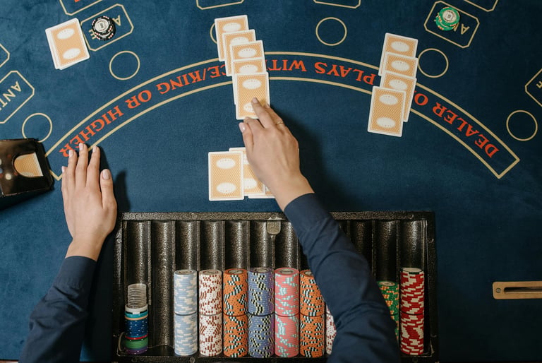 Let It Ride Casino Table with blue felt from overhead photo
