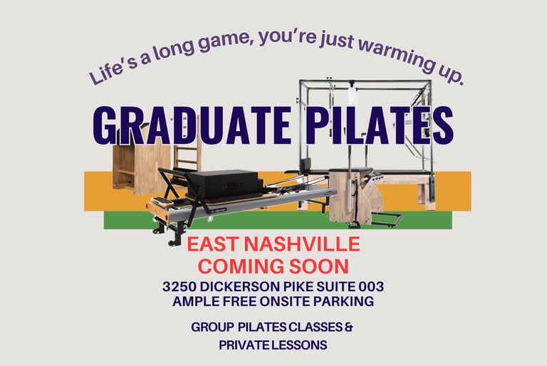 Promotional flyer for Graduate Pilates in East Nashville featuring a reformer machine and class details.