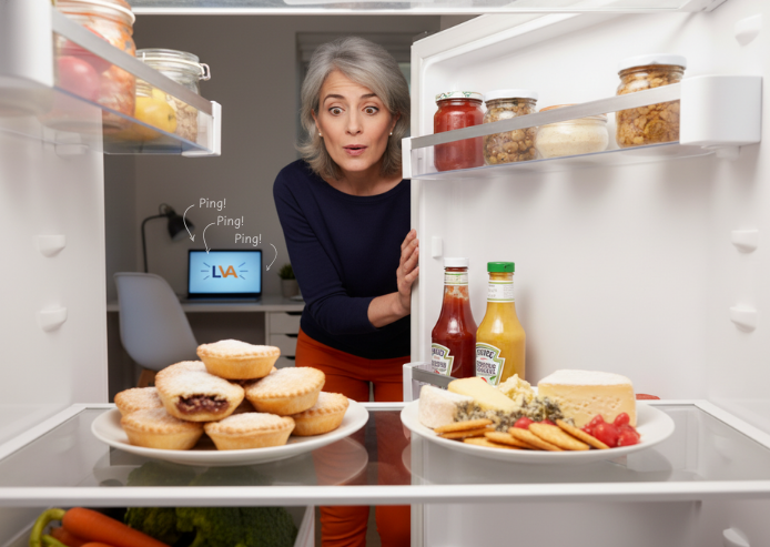 A woman ogling the mince pies in the refrigerator.