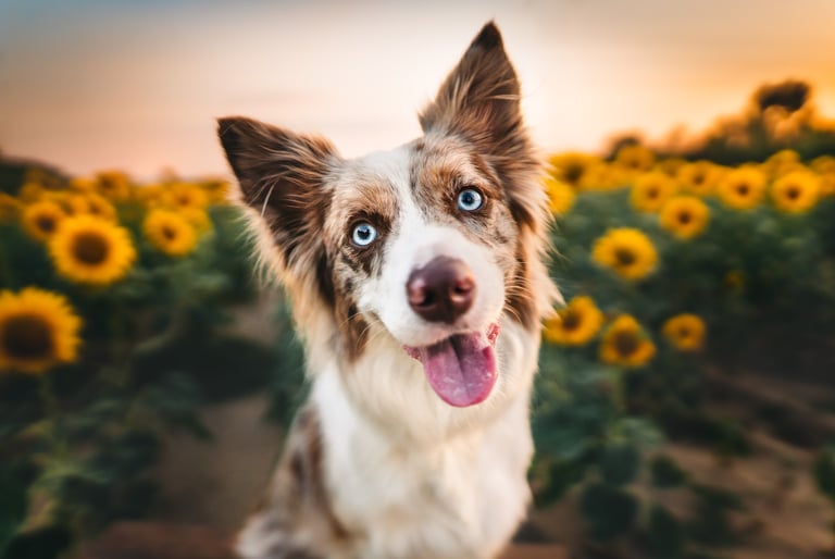 Border collie egy napraforgómezőn