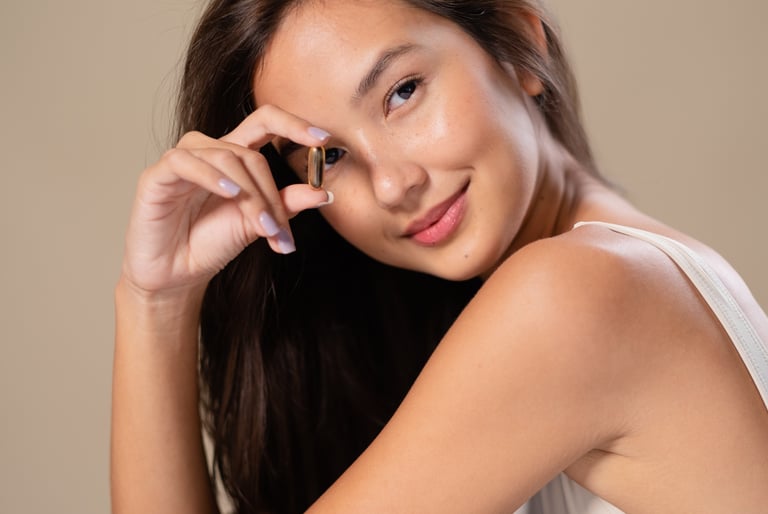 Beautiful young woman holding a vitamin supplement capsule, promoting beauty, health, and wellness.