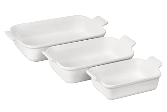Le Creuset Heritage 3-piece rectangular stoneware baking dish set with non-toxic glaze