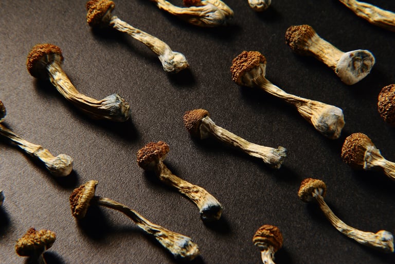 A high-angle pattern of dried psilocybin magic mushrooms with brown caps on a dark background.