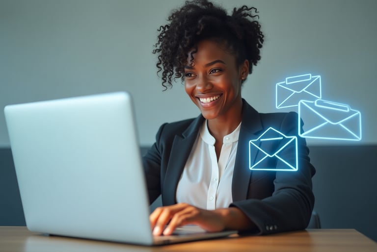 a black woman in a suit and a laptop computer
