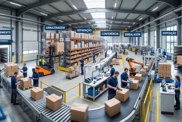 "Fluxo logístico completo: do recebimento à expedição em armazém moderno."