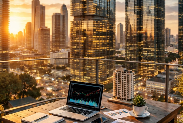 Mesa com gráficos de FIIs e notebook em terraço com prédios ao fundo.