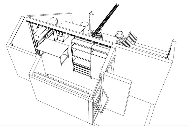 Perspectiva 3D do layout do estúdio Arqmaisart com móveis planejados e estrutura aparente