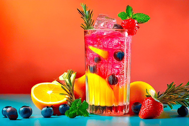"Un vaso de jugo de frutas con frutas frescas y una ramita de romero."