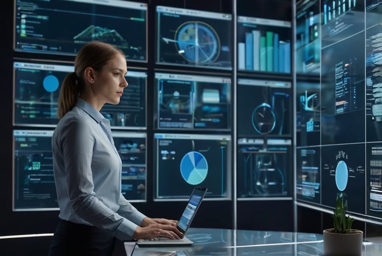 a woman in a business suit is standing in front of a large screen with a