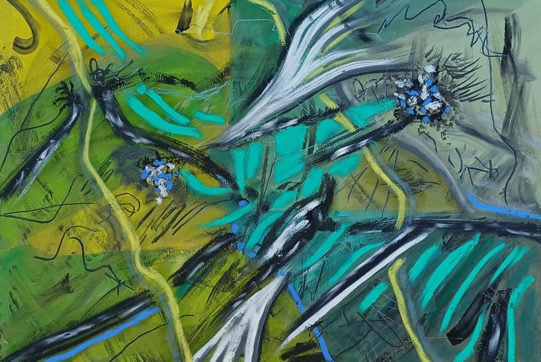 Watershed — green and teal abstract suggesting a river delta from above, acrylic, by Zanda