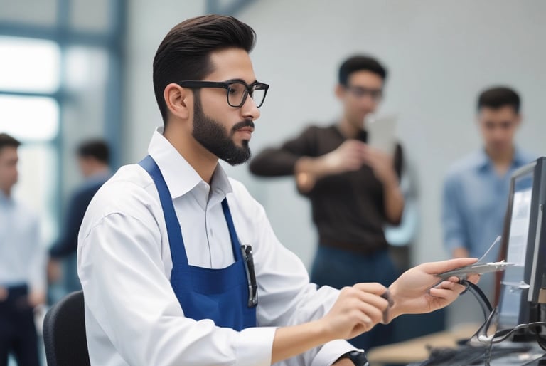 a group of people in a factory with a man and woman